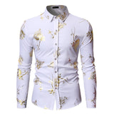 Mens Gold Rose Floral Print Shirts Brand Floral Steampunk Chemise White Long Sleeve Wedding Party Bronzing Camisa Masculina