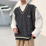Foesce Sweater Vest Men Fashion Streetwear Trendy V-neck Solid Color Loose Sleeveless Vest Pullover Men's Knitwear  Autumn