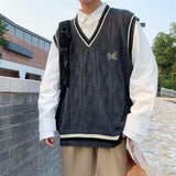 Foesce Sweater Vest Men Fashion Streetwear Trendy V-neck Solid Color Loose Sleeveless Vest Pullover Men's Knitwear  Autumn