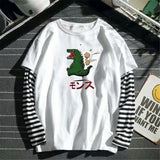 Foesce Cool Striped Patchwork T-Shirt Men Autumn Oversize Tops Boys Solid Long Sleeve T Shirt Fashion Japanese Gothic Japan T Shirt