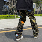 High Street Camouflage Jeans Mens Embroidered Patch Men's Streetwear Fashion Brand American Hip Hop Straight Casual Cargo Pants