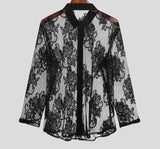 Men Mesh Shirt Lace Lapel Long Sleeve Transparent Streetwear Sexy Camisas Fashion Party Nightclub Shirts Men S-5XL
