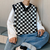 Foesce Autumn Winter Plaid Vest Men Warm Fashion Casual Knitted Pullover Men Korean Loose Sleeveless Sweater Mens Jumper Clothes M-2XL