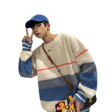 Foesce Striped sweater men's autumn and winter fashion brand loose color matching sweater coat versatile lazy wind thickened round neck
