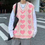 Foesce V-neck Sweater Vests Men Love Knitting Fashion Hipsters Hip-hop Streetwear Retro Jumpers Sleeveless Aesthetic Leisure Bf Couples
