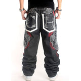 Foesce Plus Size Mens Jeans Top Rushed Stripe Loose Hip Hop Jeans Men Printed Hiphop Demin Pants Tide Trousers Embroidered Flower Wings