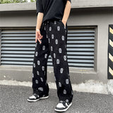 Foesce Preppy Style Skull Full Print Drawstring Casual Corduroy Men Baggy Pants Hip Hop Straight Sweatpants Male Loose Trousers