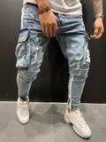 Men's Skinny ripped jeans men Pants Pencil Biker Side Striped Jeans Destroyed Hole Hip Hop Slim Fit Man Stretchy Jean Print