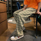 Summer Thin Plaid Pants Men Fashion Retro Cotton Straight Pants Men Streetwear Loose Casual Pants Mens Wide Leg Pants
