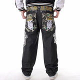 Foesce Plus Size Mens Jeans Top Rushed Stripe Loose Hip Hop Jeans Men Printed Hiphop Demin Pants Tide Trousers Embroidered Flower Wings