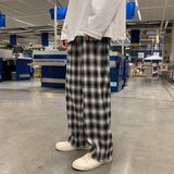 Summer Thin Plaid Pants Men Fashion Retro Cotton Straight Pants Men Streetwear Loose Casual Pants Mens Wide Leg Pants