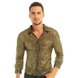 Mens Tuxedo Shirts Shiny Sequins See Through Mesh Long Sleeve Clubwear for Night Party Show Dancing Performance Top Shirt