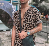 Men Short Sleeve Lapel Shirt Casual Floral Blouse Men Hawaiian Beach Tops Summer Leopard Print Shirts Camisa Plus Size