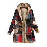 Winter Vintage Women Coat Warm Printing Thick Fleece Hooded Long Jacket with Pocket Ladies Outwear Loose Coat for Women