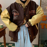 Foesce Letter Embroidery Woman Jacket Retro Street Stitching Coat Women Loose Casual Hit Color Baseball Uniform Women Jackets Clothes