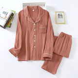 Foesce New spring and autumn pure cotton crepe cloth couple soft and breathable men long-sleeve simple home service women two piece set