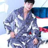 Flannel Dragon Crane Men Kimono Bathrobe Gown Casual Nightwear Winter Thick Warm Sleepwear Nightgown Plus Size Loose Homewear