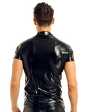 Mens Fashion Shiny Metallic T-shirt Tops Clubwear Patent Leather Turn-Down Shirt Undershirt Streetwear Male Clothing