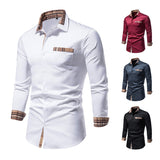 Autumn Plaid Patchwork Formal Shirts for Men Slim Long Sleeve Button Up Blue Shirt Dress Business Office Camisas
