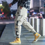 Men's Side Pockets Cargo Harem Pants Ribbons Black Hip Hop Casual Male Joggers Trousers Fashion Casual Streetwear Pants