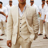 Linen Summer Men Suits for Wedding Groom Tuxedos 3 Piece Casual Beach Custom Set Jacket Vest with Pants American Fashion