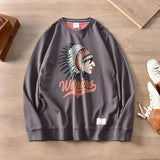 Autumn American Retro Terry Printed Hoodies Men's Pure Cotton Washed Old Pullover Knitted Long-sleeved O-neck Casual Sweatshirts