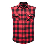Men's Casual Flannel Plaid Shirt Sleeveless Double Pocket Cowboy Button Down Shirts Men Cotton Plus Size Vest Checkered Top 2XL