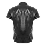 Mens Fashion Shiny Metallic T-shirt Tops Clubwear Patent Leather Turn-Down Shirt Undershirt Streetwear Male Clothing