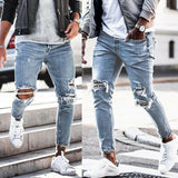 Men's Skinny ripped jeans men Pants Pencil Biker Side Striped Jeans Destroyed Hole Hip Hop Slim Fit Man Stretchy Jean Print