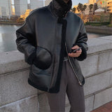 Foesce Korean Leather Coat Men's Warm Fashion Casual Thicken Leather Jacket Men Loose Thick Lamb Wool Short Coat Mens Clothes M-XL