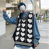 Foesce V-neck Sweater Vests Men Love Knitting Fashion Hipsters Hip-hop Streetwear Retro Jumpers Sleeveless Aesthetic Leisure Bf Couples