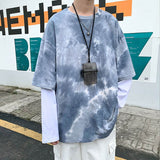 Spring/Autumn Fake Two-piece Tshirt Women T Shrit Long-sleeved T-shirt Korean Trend Student Bottoming Shirt Hip-hop Tie-dye Top