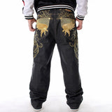Foesce Plus Size Mens Jeans Top Rushed Stripe Loose Hip Hop Jeans Men Printed Hiphop Demin Pants Tide Trousers Embroidered Flower Wings