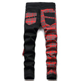 Foesce New Fashion Red Plaid Patchwork Punk Zipper Men Pencil Jeans Trousers Y2K Buckle Hip Hop Gothic Slim Denim Pants Pantaloni Uomo