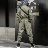 Foesce Hip Hop Streetwear Jumpsuits Men Ribbon Embroidered Cargo Pants Long Sleeve Rompers Joggers Techwear Overall Suit Men