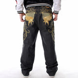 Foesce Plus Size Mens Jeans Top Rushed Stripe Loose Hip Hop Jeans Men Printed Hiphop Demin Pants Tide Trousers Embroidered Flower Wings