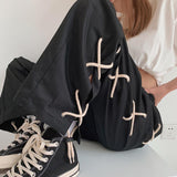Harajuku Lace Up Oversize Wide Pants Men Side Split Streetwear Fashion Skateboard Pants Ankle-length Trousers Techwear Clothes