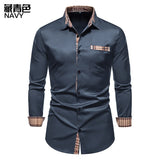 Autumn Plaid Patchwork Formal Shirts for Men Slim Long Sleeve Button Up Blue Shirt Dress Business Office Camisas