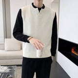 Foesce New Men's Sweater Slim Sleeveless Vest Top Autumn Winter Casual Solid Color Waistcoat V Neck Knit Pullover Plus Size M-2XL