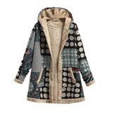 Winter Vintage Women Coat Warm Printing Thick Fleece Hooded Long Jacket with Pocket Ladies Outwear Loose Coat for Women