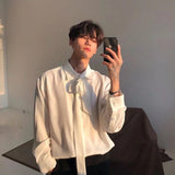 Foesce Four Seasons Korean Men's Loose Retro Chiffon Fabric Bow Tie Shirt Men's Long Sleeve Nice Clothes Shirts White/black Color Coats