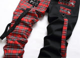 Men's Punk Ribbons Plaid Patchwork Jeans Streetwear Stretched Straight fit Denim Pants for Male