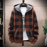 Autumn Korean Hooded Men's Sweater with Thick and Velvet Men's Cardigan Knitted Sweater Coat Grid Jacket Male M-4XL