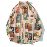 Hawaiian Beach Shirts Harajuku Vintage Poster Print Long Sleeve Aloha Party Holiday Shirt Mens Casual Button Down Tops