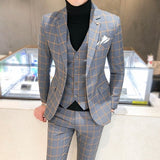 Men Dress Blazers Pants Vest 3 Piece Set / Male Wedding New Autumn Business Formal Plaid Suit Luxury Slim Fit Coat Trousers