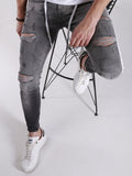 Men's Skinny ripped jeans men Pants Pencil Biker Side Striped Jeans Destroyed Hole Hip Hop Slim Fit Man Stretchy Jean Print