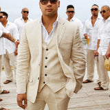 Linen Summer Men Suits for Wedding Groom Tuxedos 3 Piece Casual Beach Custom Set Jacket Vest with Pants American Fashion