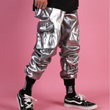 Casual Leather Harem Pant Male Streetwear Hip Hop Punk Silver  Multi Pocket Cargo Trouser Stage Clothes DJ Singer Pant Men
