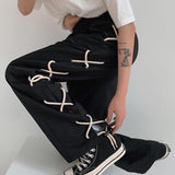 Harajuku Lace Up Oversize Wide Pants Men Side Split Streetwear Fashion Skateboard Pants Ankle-length Trousers Techwear Clothes