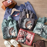 Autumn American Retro Terry Printed Hoodies Men's Pure Cotton Washed Old Pullover Knitted Long-sleeved O-neck Casual Sweatshirts
